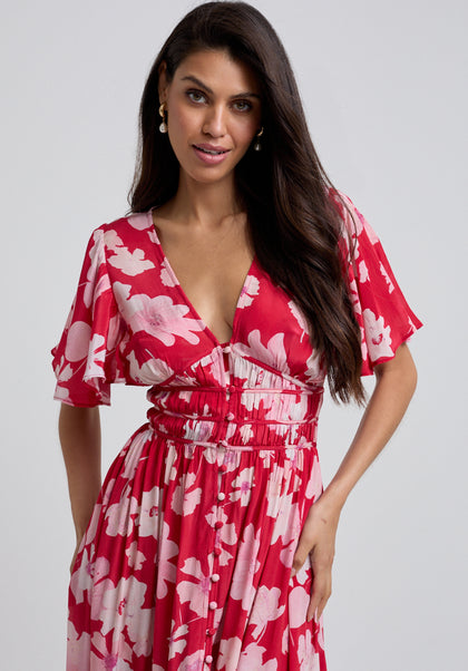 Red Floral Print Midi Dress with Short sleeves and gathered waist front close up image