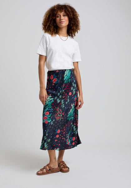 Leaf printed sheer midi skirt with zip fastening