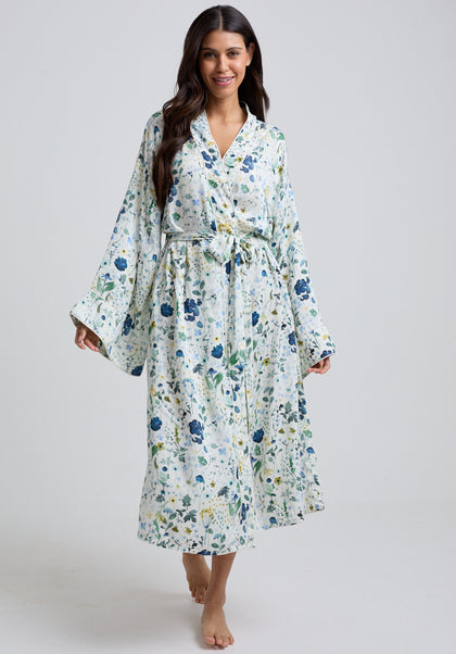 Corina Kimono Style Pressed Floral Print Robe In Blue