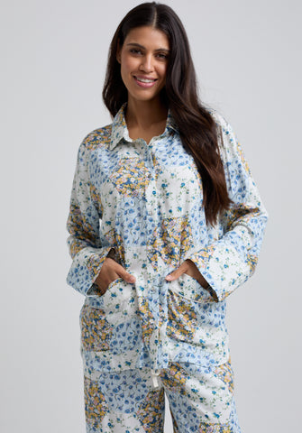 Evie Long Sleeve Summer Patchwork Print Pyjama Set In Multi