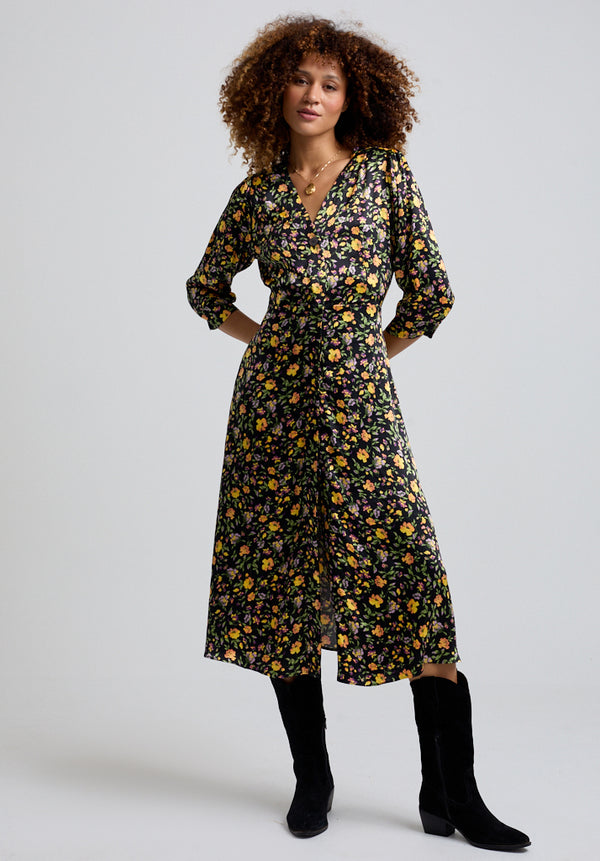 Floral Printed Midi Dress with buttons and 3/4 sleeves