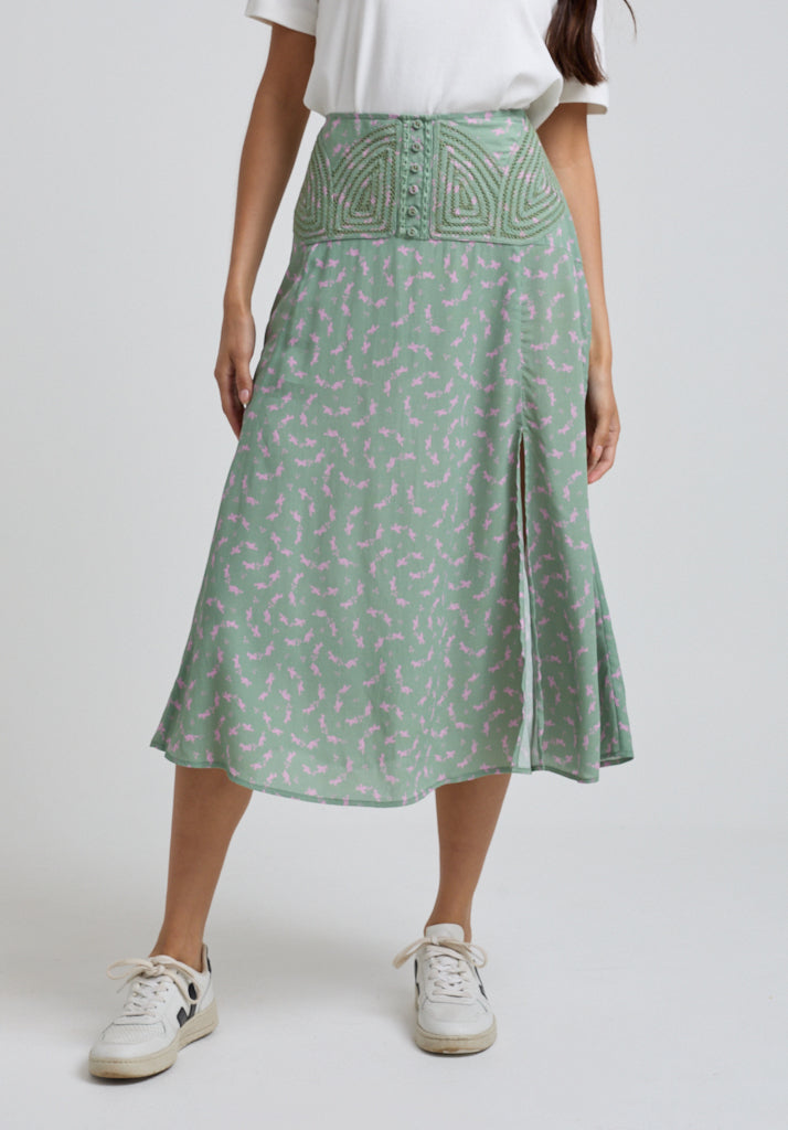 Light green Printed midi skirt with button waist and knee length split