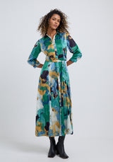 Hazel Button Down Painterly Print Midi Dress In Green