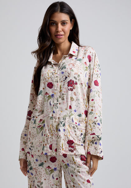 Evie Pressed Floral Pyjama Set in Cream