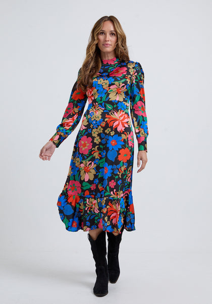 Sophie Tiered Hem Floral Print Midi Dress In Multi