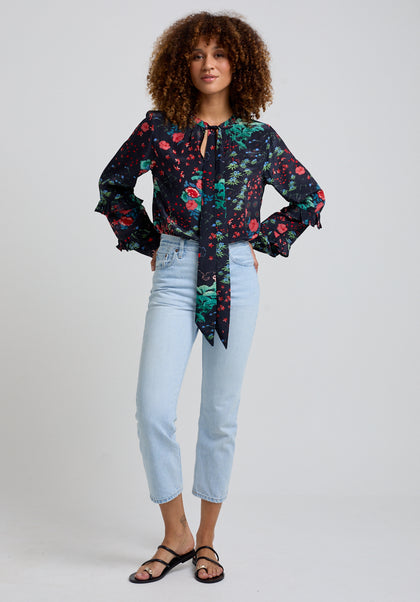 Leaf printed Tie Neck Blouse with Long sleeve and ruffle detail