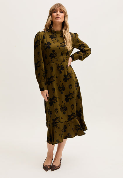 Scarlett High Neck Floral Print Midi Dress in Khaki