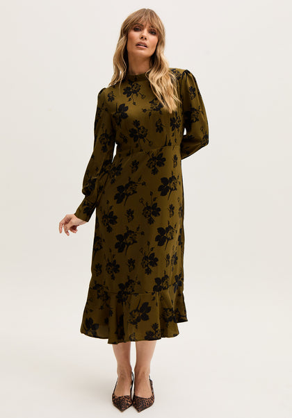 Scarlett High Neck Floral Print Midi Dress in Khaki