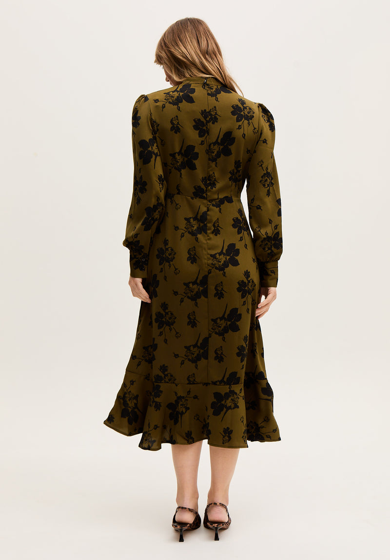 Scarlett High Neck Floral Print Midi Dress in Khaki