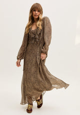 Margot Ruffle Neck Leopard Print Maxi Dress In Brown