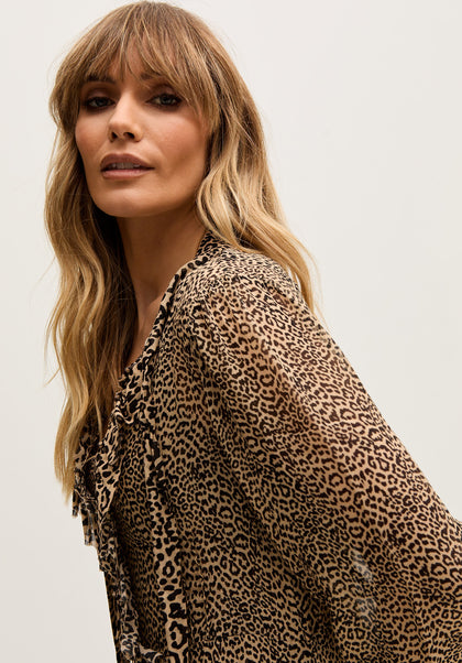 Margot Ruffle Neck Leopard Print Maxi Dress In Brown