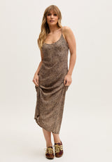 Margot Ruffle Neck Leopard Print Maxi Dress In Brown