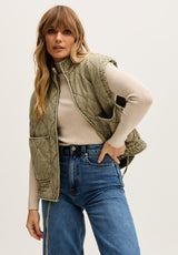 Evelyn Quilted High Neck Gilet In Khaki