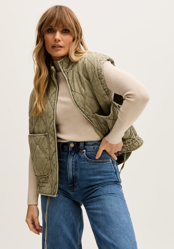 Evelyn Quilted High Neck Gilet In Khaki