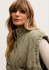 Evelyn Quilted High Neck Gilet In Khaki