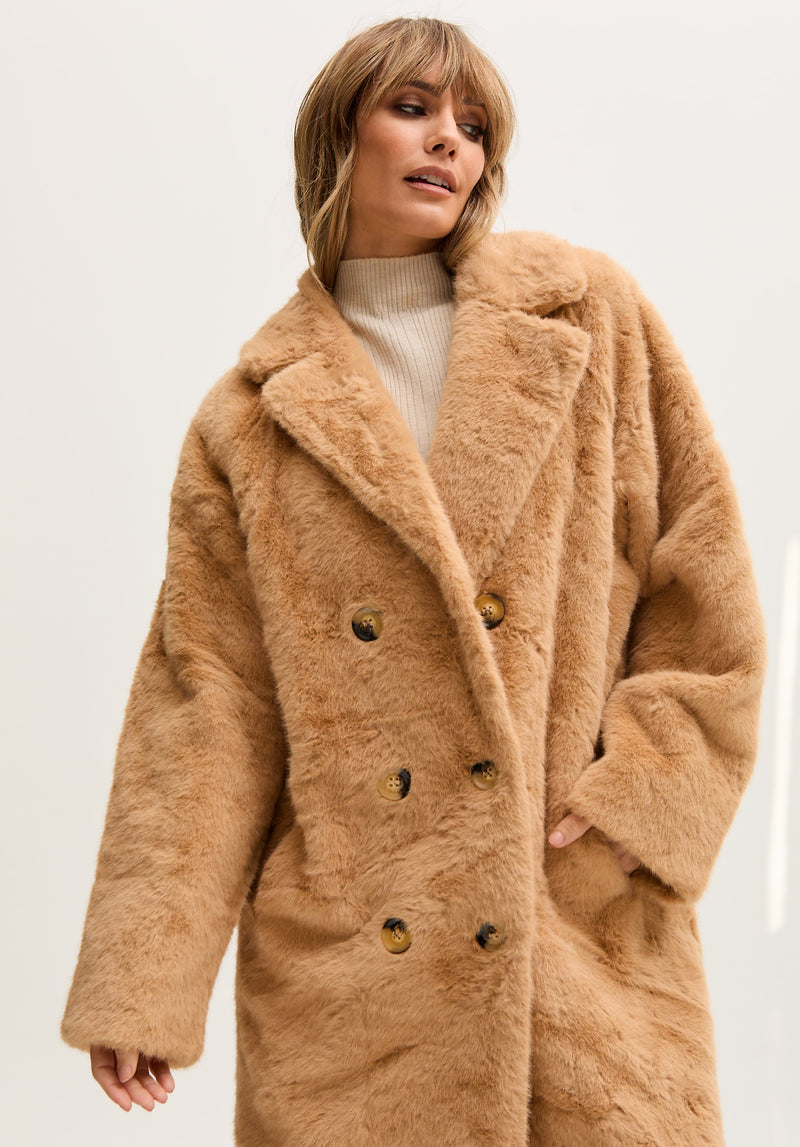 Emma Longline Faux Fur Coat In Brown