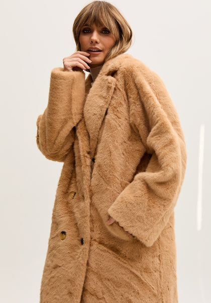 Emma Longline Faux Fur Coat In Brown