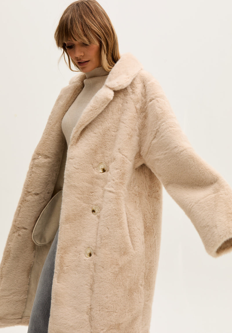 Emma Longline Faux Fur Coat In Cream