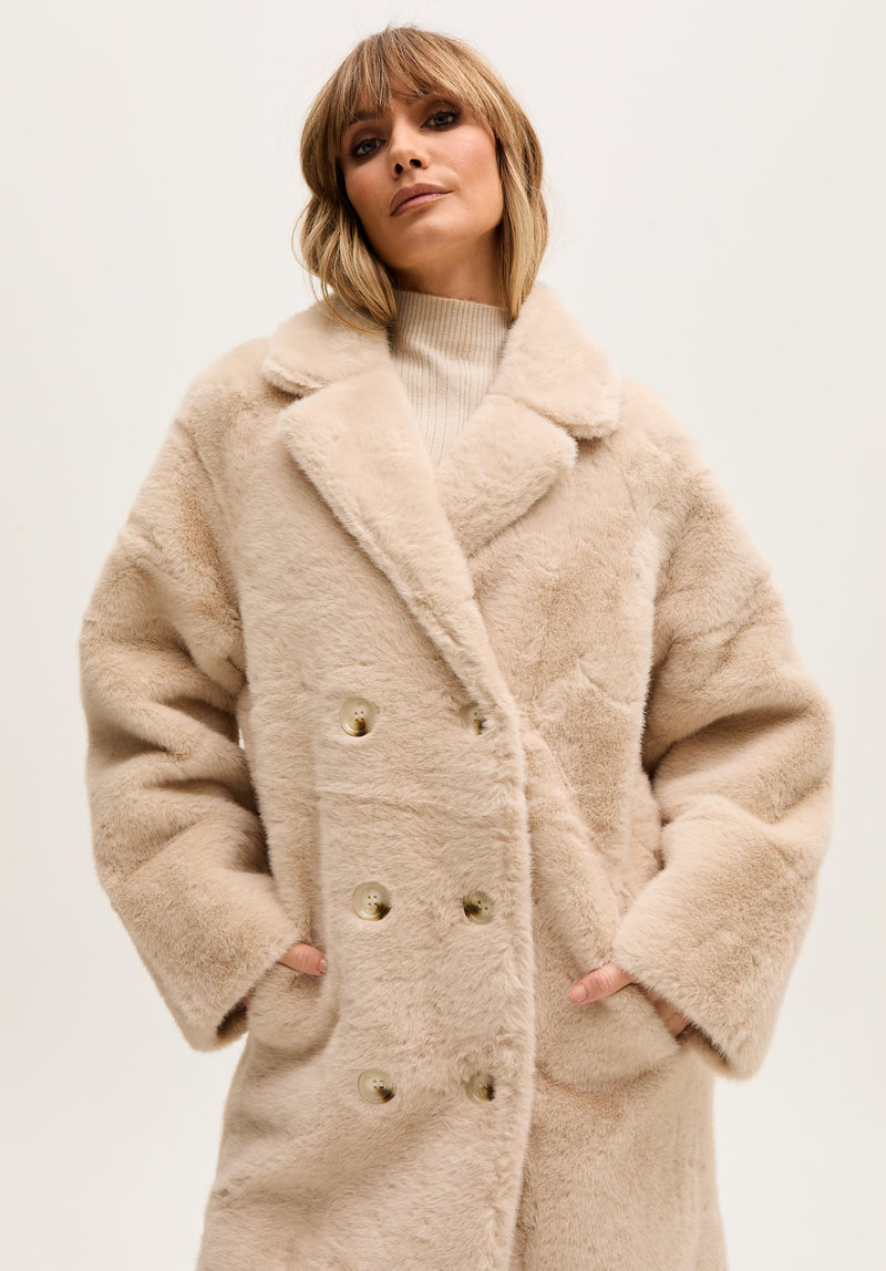 Emma Longline Faux Fur Coat In Cream