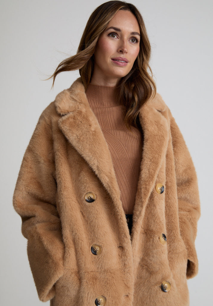 Emma Longline Faux Fur Coat In Brown