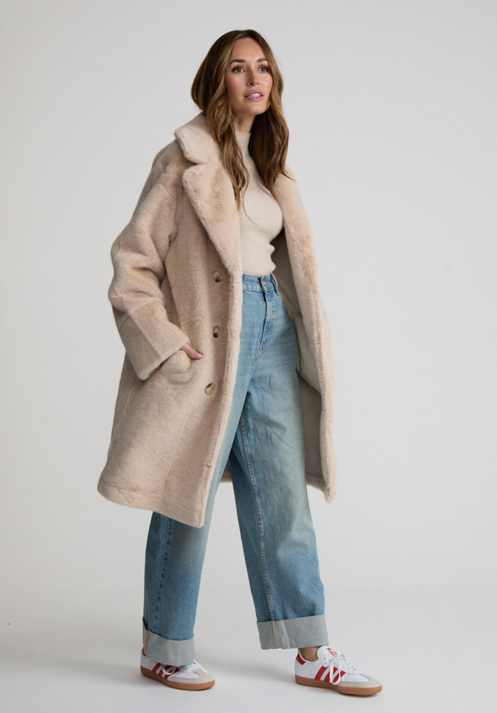 Emma Longline Faux Fur Coat In Cream