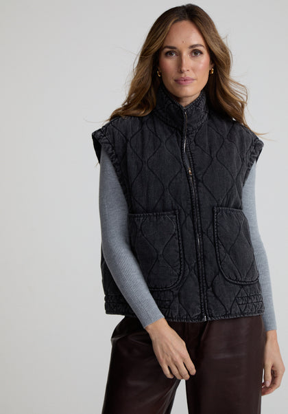 Evelyn Quilted High Neck Gilet In Grey