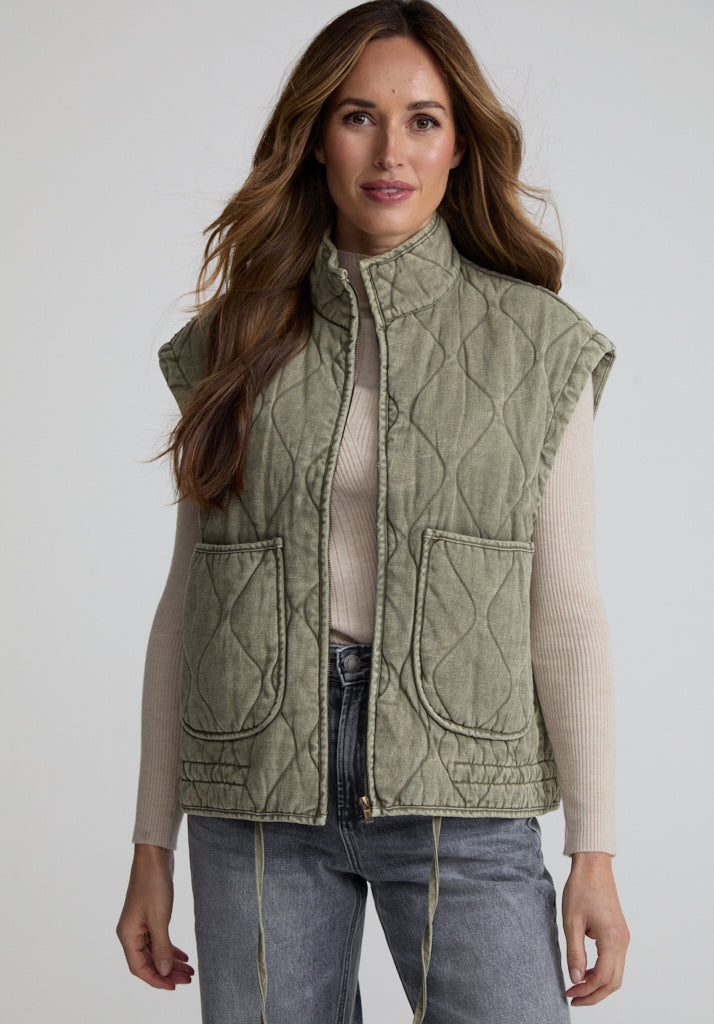 Evelyn Quilted High Neck Gilet In Khaki