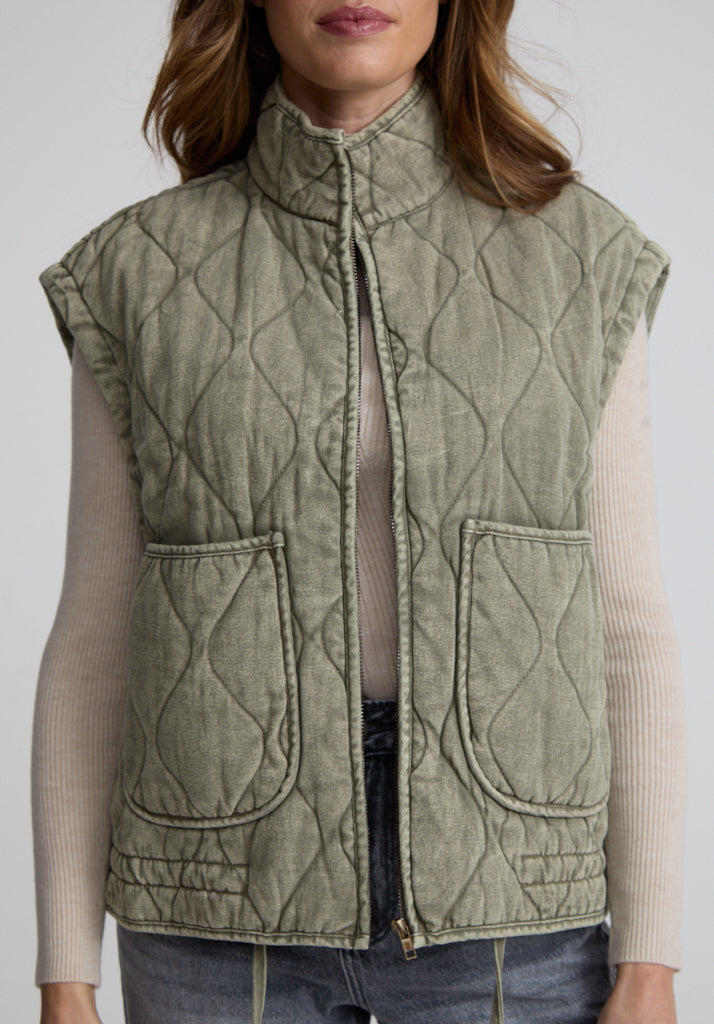 Evelyn Quilted High Neck Gilet In Khaki