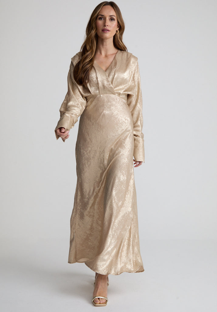 Paloma Metallic V-Neck Maxi Dress In Gold