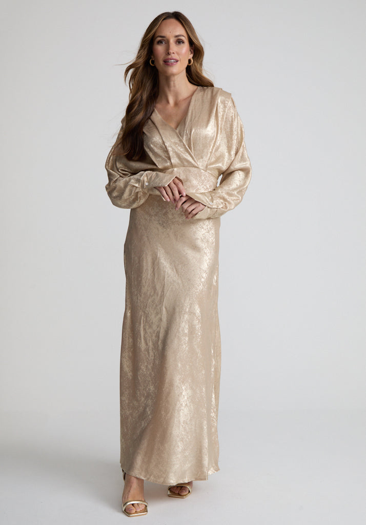 Paloma Metallic V-Neck Maxi Dress In Gold