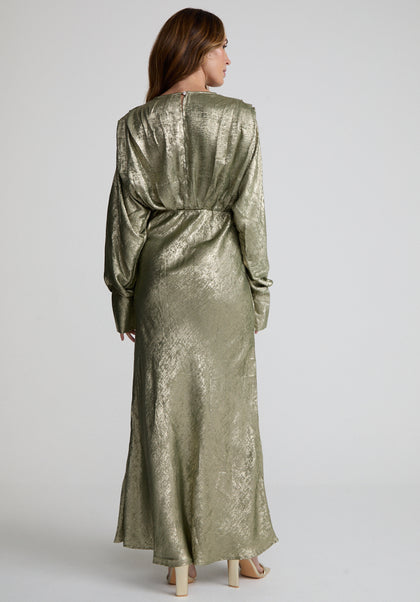 Paloma Metallic V-Neck Maxi Dress In Khaki