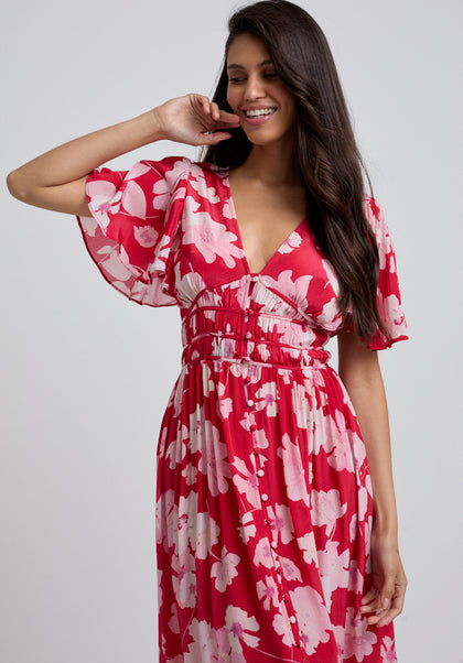 Red Floral Print Midi Dress with Short sleeves and gathered waist flute sleeve detail