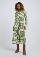 Nora Button Down Abstract Print Midi Dress In Green