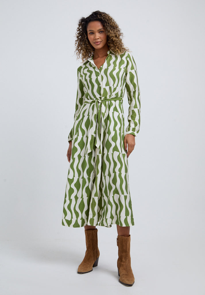 Nora Button Down Abstract Print Midi Dress In Green