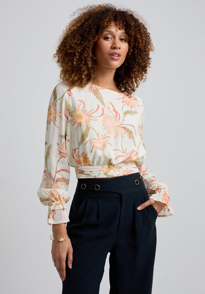 Floral Cropped Blouse with Blouson Sleeve and gathered waistband