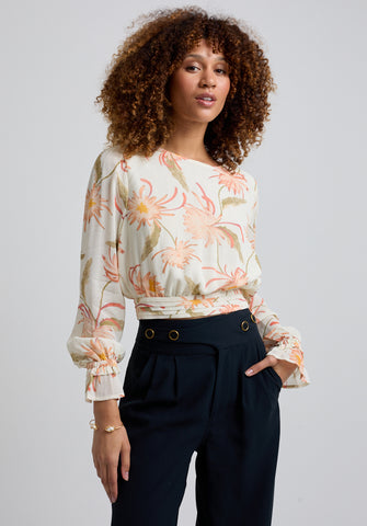 Maria Tie Back Moonflower Print Blouse In Cream