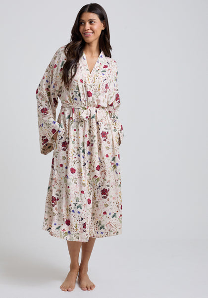 Corina Pressed Floral Robe in Cream