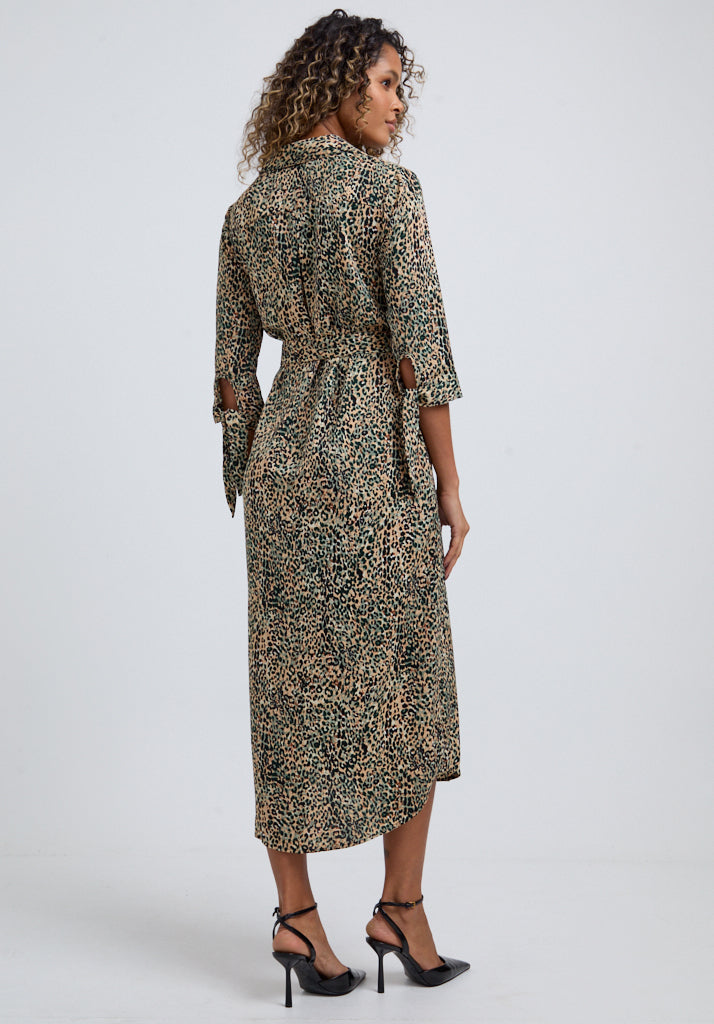 Claire Button Down Leopard Print Midi Dress In Green