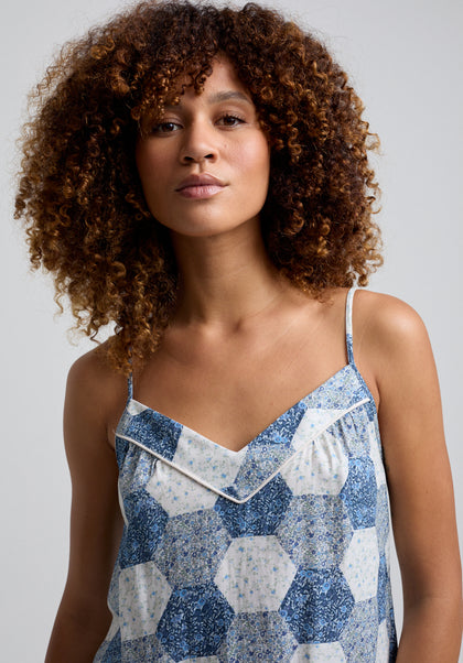 Patchwork Printed Cami and Short Pyjama Set with piping detail in Blue