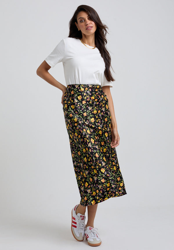 Floral Printed Midi Skirt with black base and bright flowers