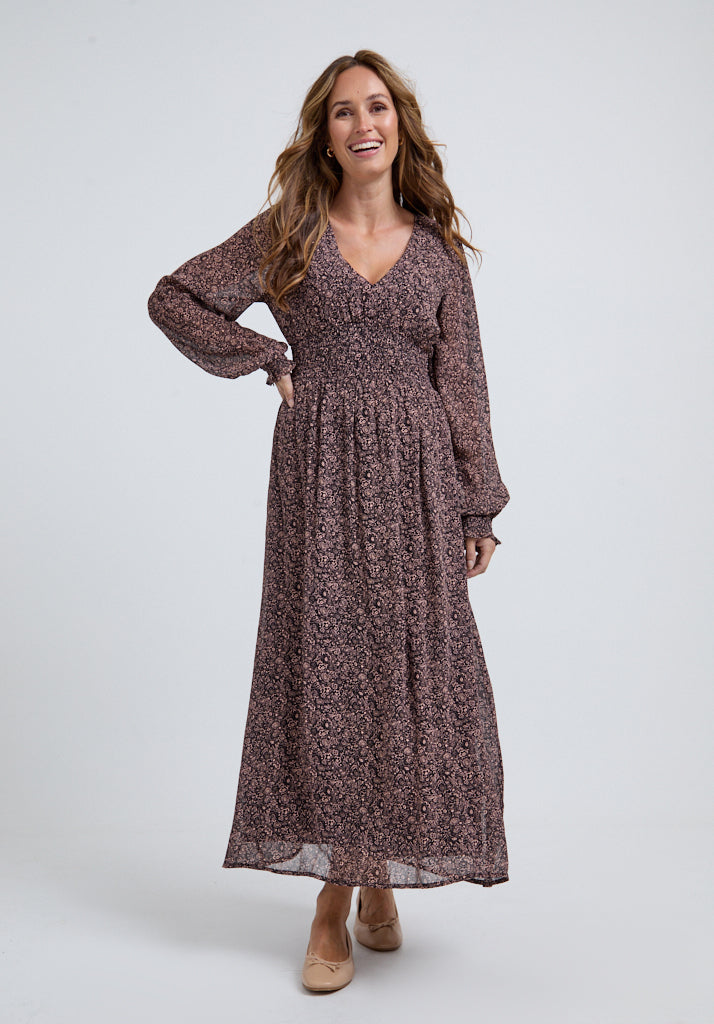 Pearl Harvest Midi Dress In Brown