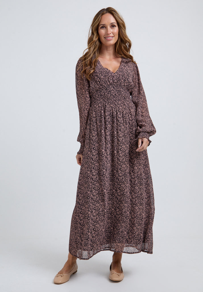 Pearl Harvest Midi Dress In Brown