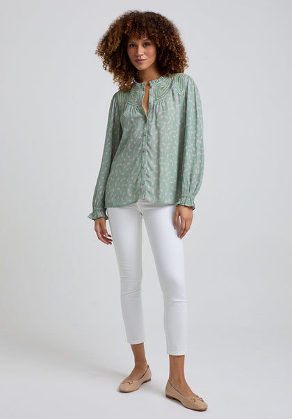 Light green Printed Blouse with gathered cuffs and embroidered neck detail 