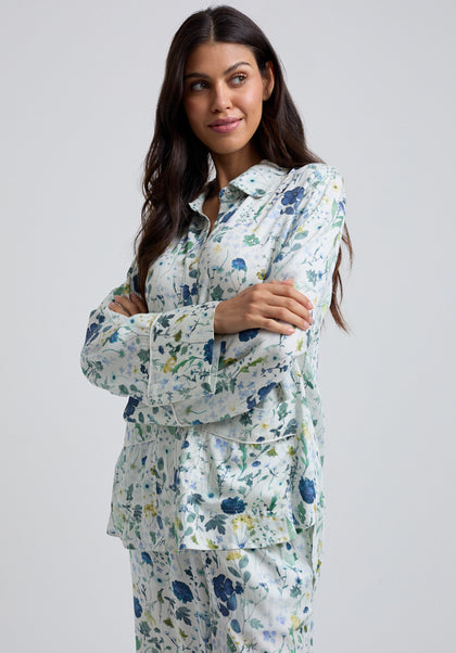 Evie Long Sleeve Pressed Floral Print Pyjama Set In Blue