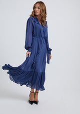 Eloise Midi Dress in Blue with buttons at the front