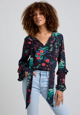 Leaf printed Tie Neck Blouse with Long sleeve and ruffle detail