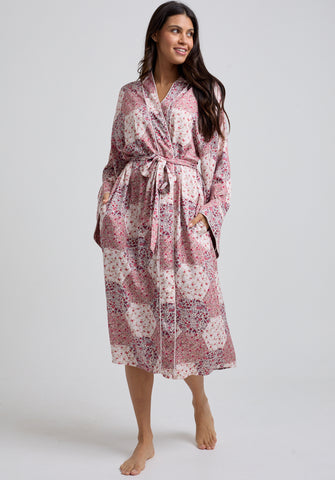 Corina Kimono Style Aster Patchwork Print Robe In Pink