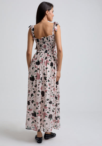 Floral Printed Midi dress with tie shoulder detail and gathered bust