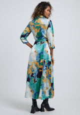 Hazel Button Down Painterly Print Midi Dress In Green