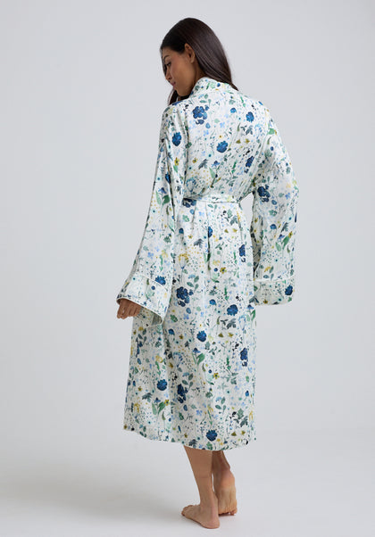 Corina Kimono Style Pressed Floral Print Robe In Blue